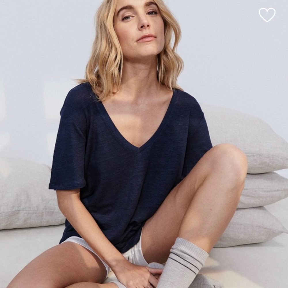 NEW Lunya Linen Top Deep V Easy Short Sleeve 100% Linen Tee Navy Blue XS/S